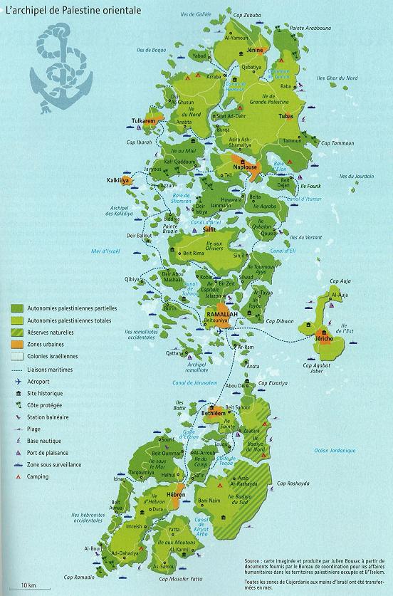 A map of the West Bank Palestinian territories re-imagined as an archipelo