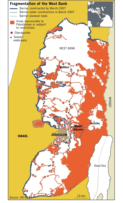 map showing the fragmentation of the West bank and the areas not accesible to its population